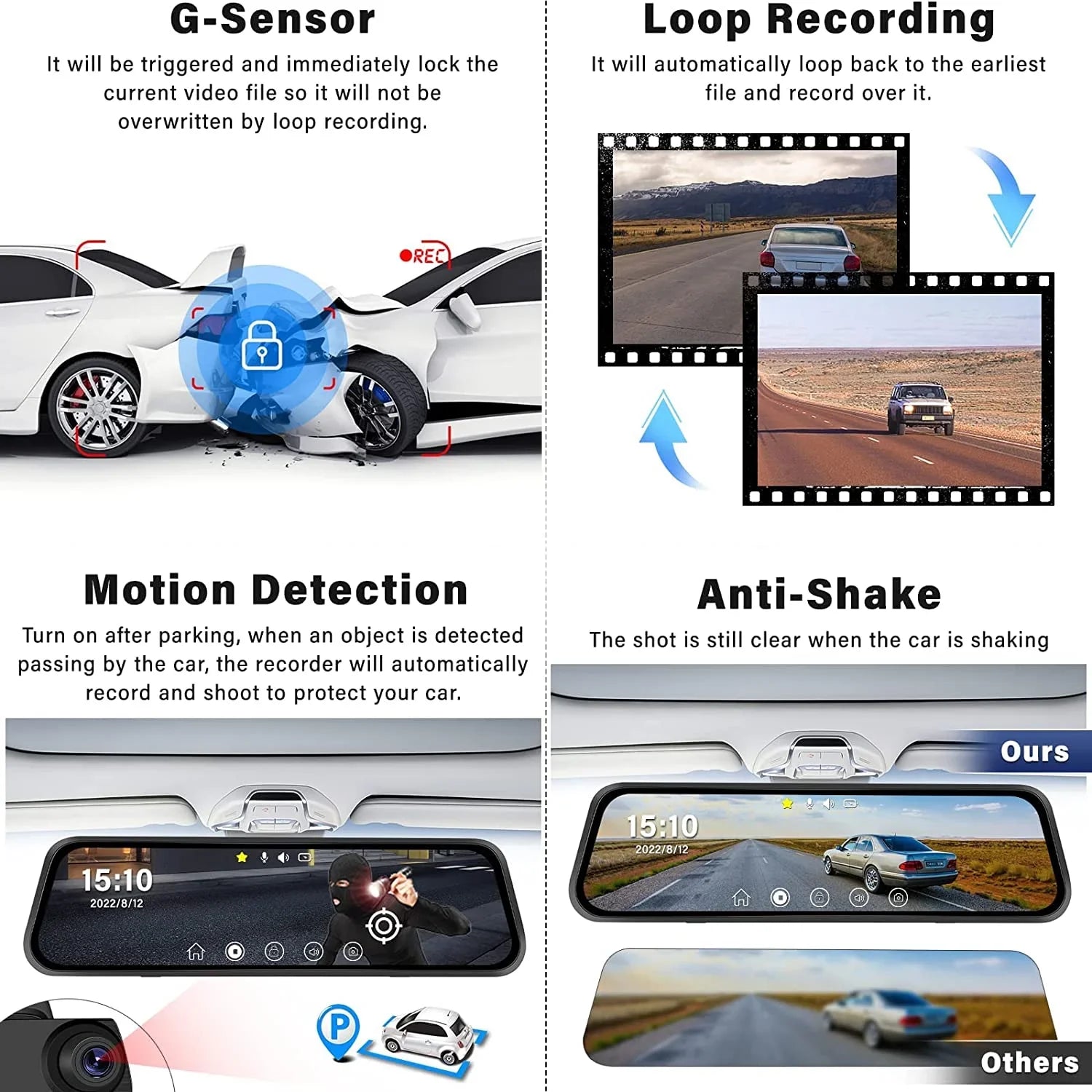 Erago Rear View Mirror Camera, Dash Cam Front and Rear Full Touch Screen  FHD 1080p for Car , Waterproof Backup WDR Camera, Night Vision, G-Sensor, Parking Moniter