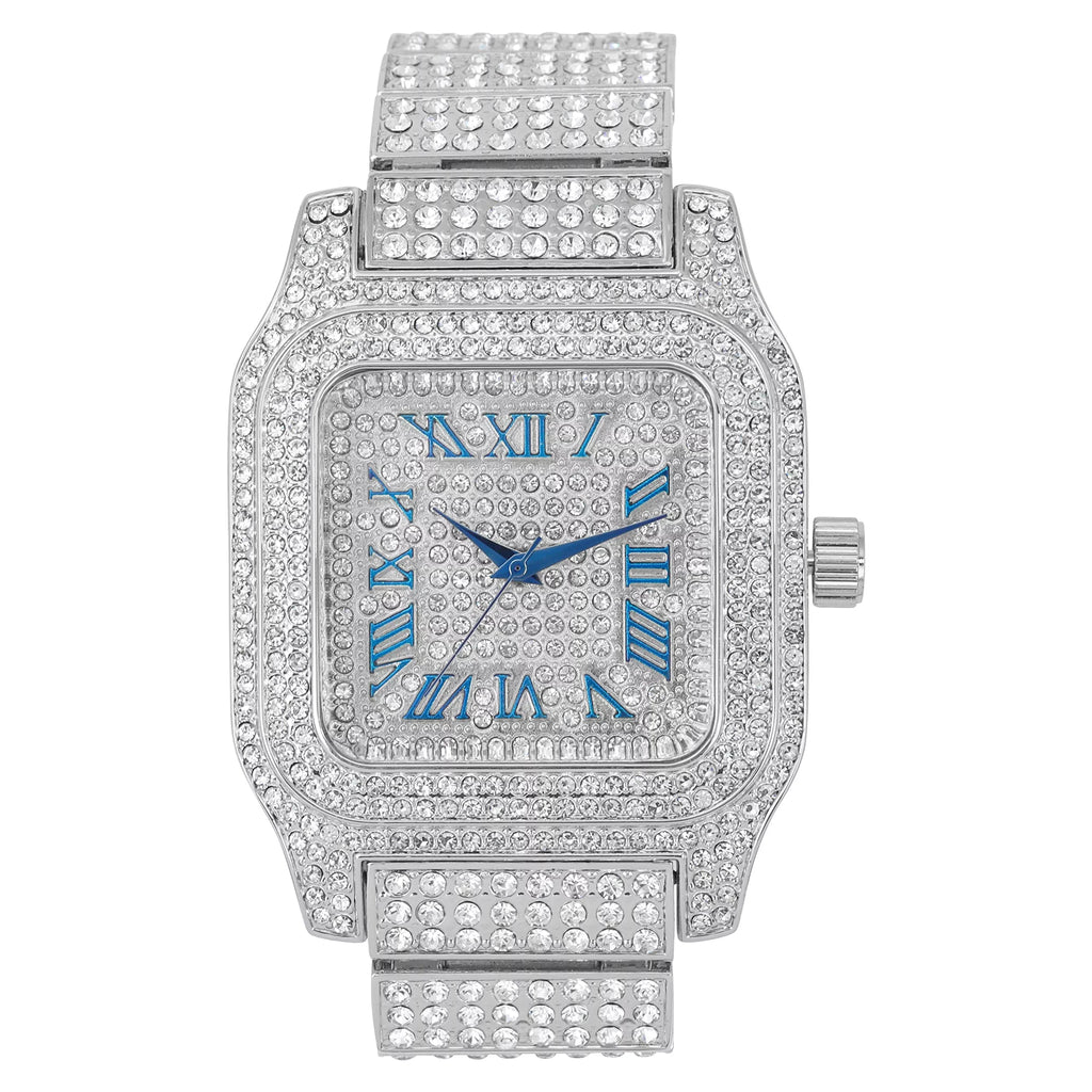 product image Bling-ed Out Biggie Square Iced Gold Hip Hop Watch You Will Hypnotize in a Flashy Way - 0513Sq (Silver Blue R# Cuban)