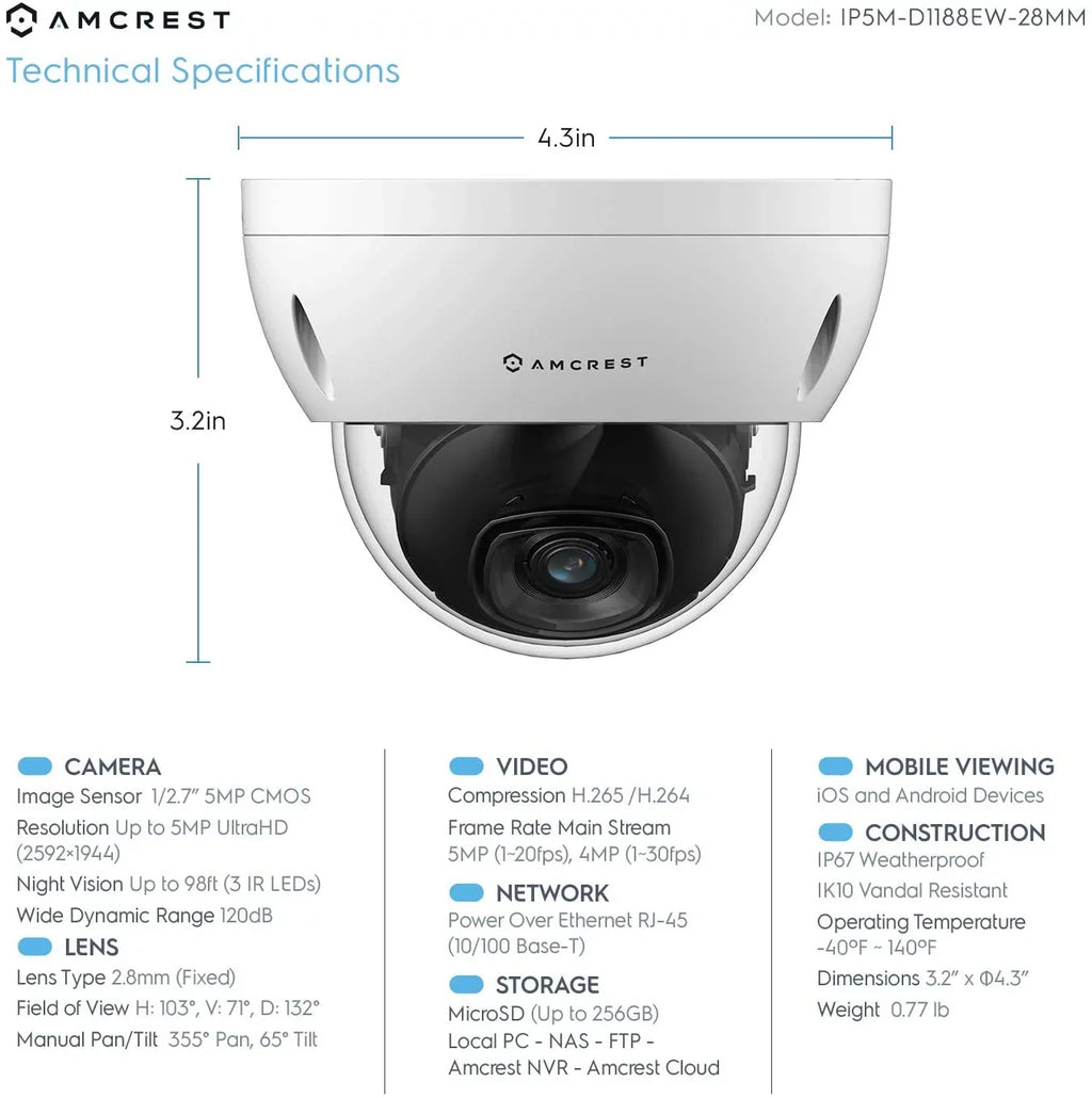 Amcrest 5MP POE Camera, Outdoor Vandal Dome Security POE IP Camera, 5-Megapixel, 98ft. Night Vision, 2.8mm Lens, IP67, IK10 Resistance, Cloud, NVR (IP5M-D1188EW-28MM)
