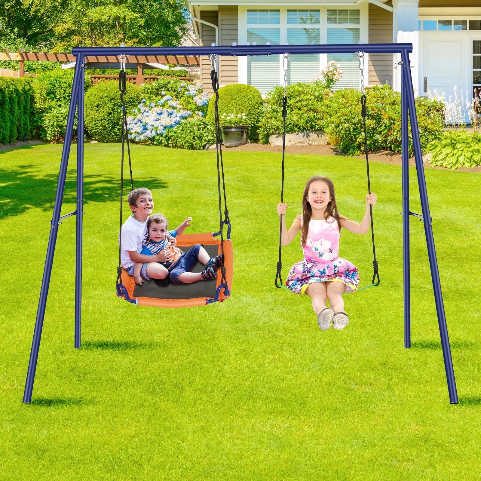 Qhomic 440lbs Swing Set for Backyards, 2-in-1 Outdoor Swing Set  with 1Saucer & 1Belt Swing Seat, Kids Swing Sets with Adjustable Swing Seat