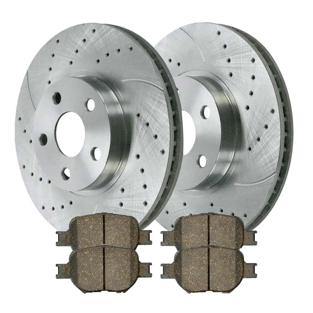 AutoShack Front Drilled Slotted Brake Rotors Silver and Ceramic Pads Kit Driver and Passenger Side Replacement for 2005-2009 2010 Scion tC 2000 2001 2002 2003 2004 2005 Toyota Celica 1.8L 2.4L FWD