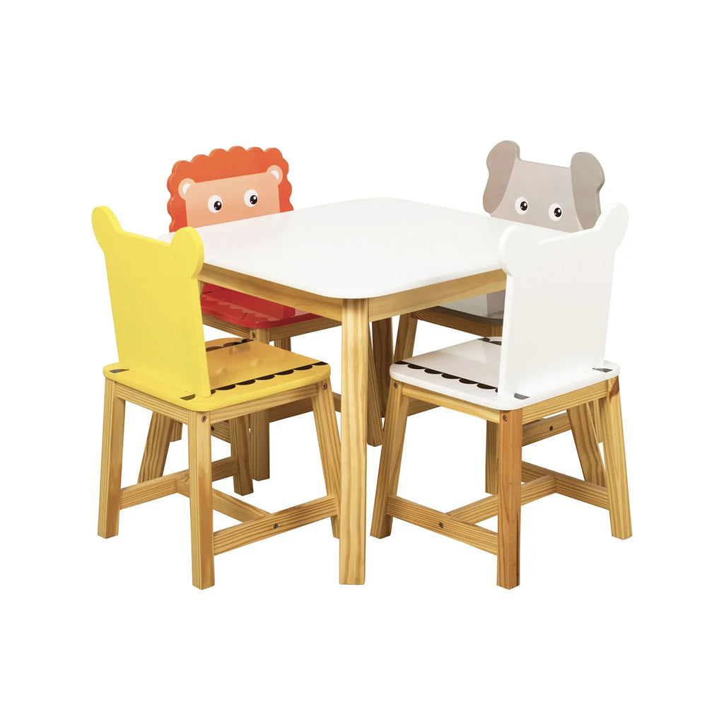 5 Piece Kids Table and Chair Set Toddler Table Cartoon Animals Kids  Wood Table with 4 Chairs Set for Learning Playing Crafts Drawing White