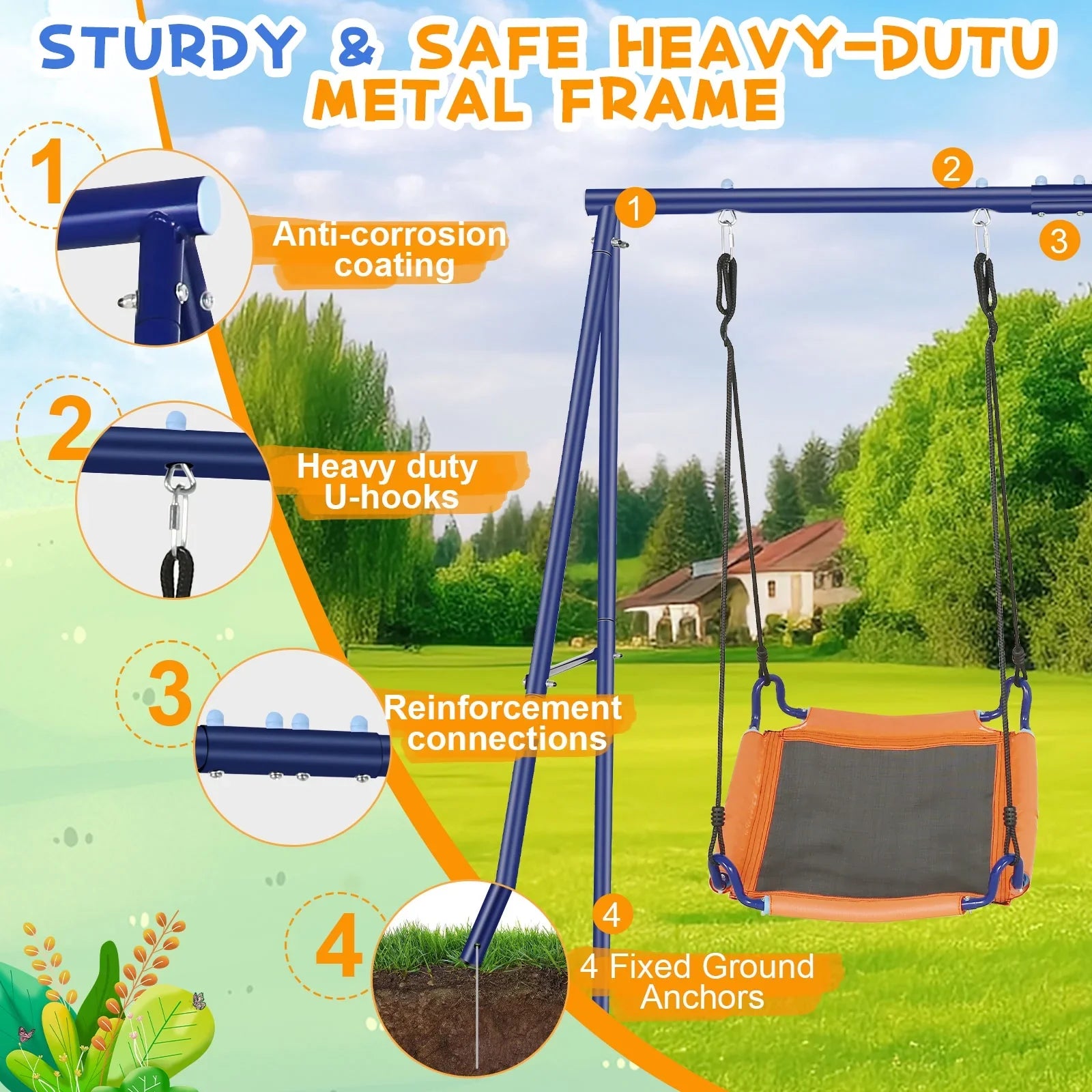 Qhomic 440lbs Swing Set for Backyards, 2-in-1 Outdoor Swing Set  with 1Saucer & 1Belt Swing Seat, Kids Swing Sets with Adjustable Swing Seat