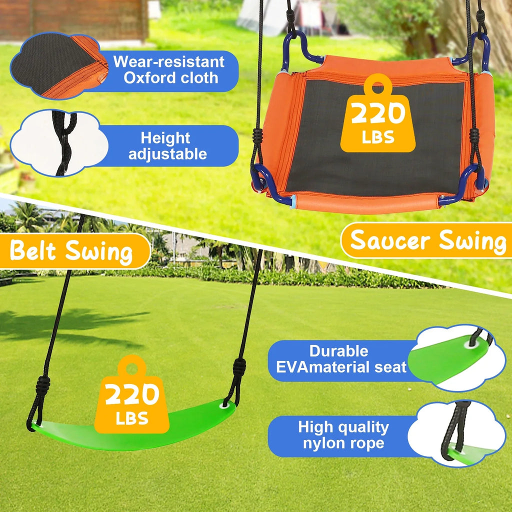 Qhomic 440lbs Swing Set for Backyards, 2-in-1 Outdoor Swing Set  with 1Saucer & 1Belt Swing Seat, Kids Swing Sets with Adjustable Swing Seat