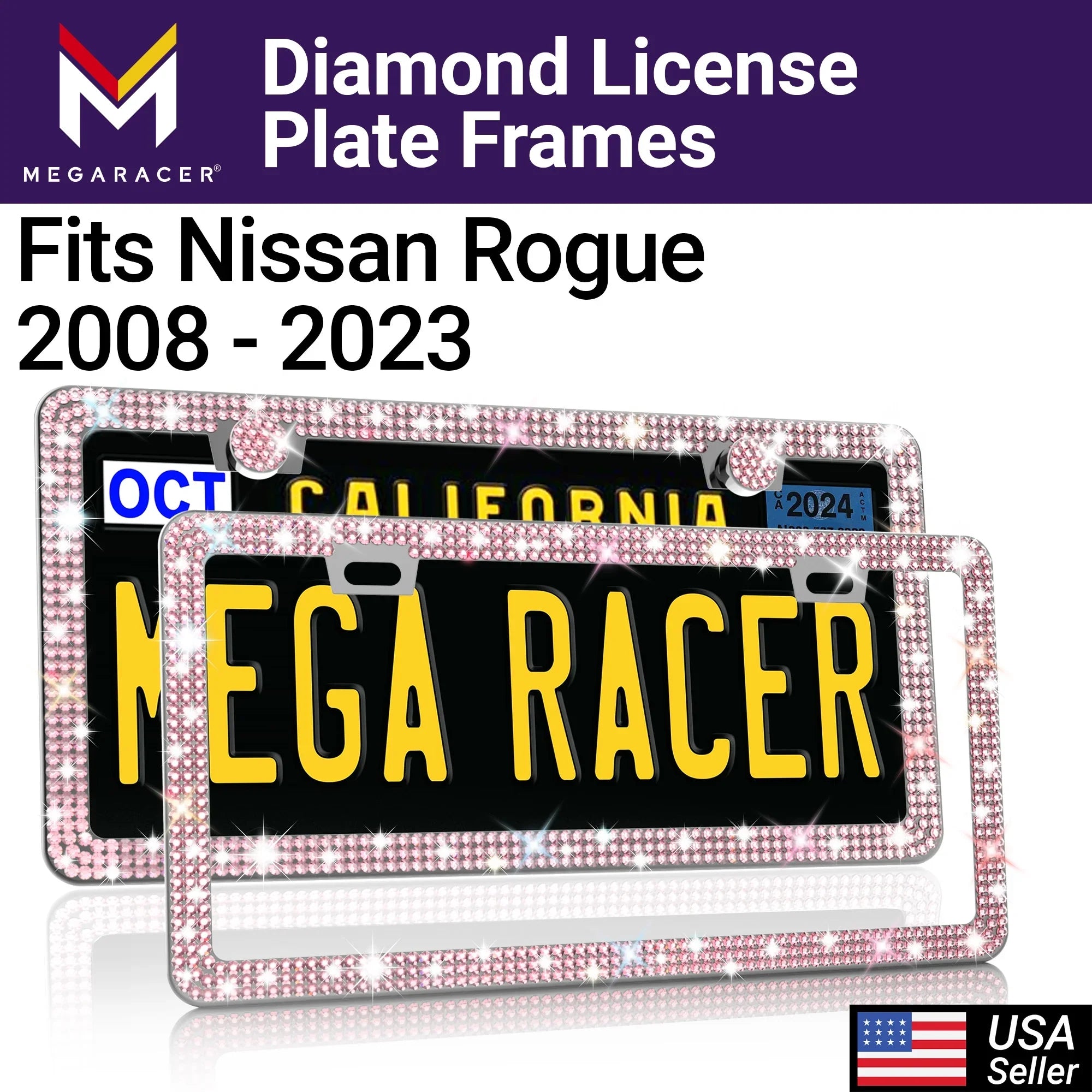 Mega Racer Nissan Rogue Bling License PLatitudee Frames Diamond Pink Rhinestones, 2 Holes with Mounting Screws, Nissan Rogue 2008 - 2023 08 - 23 Sparkly Car License PLatitudee Frame