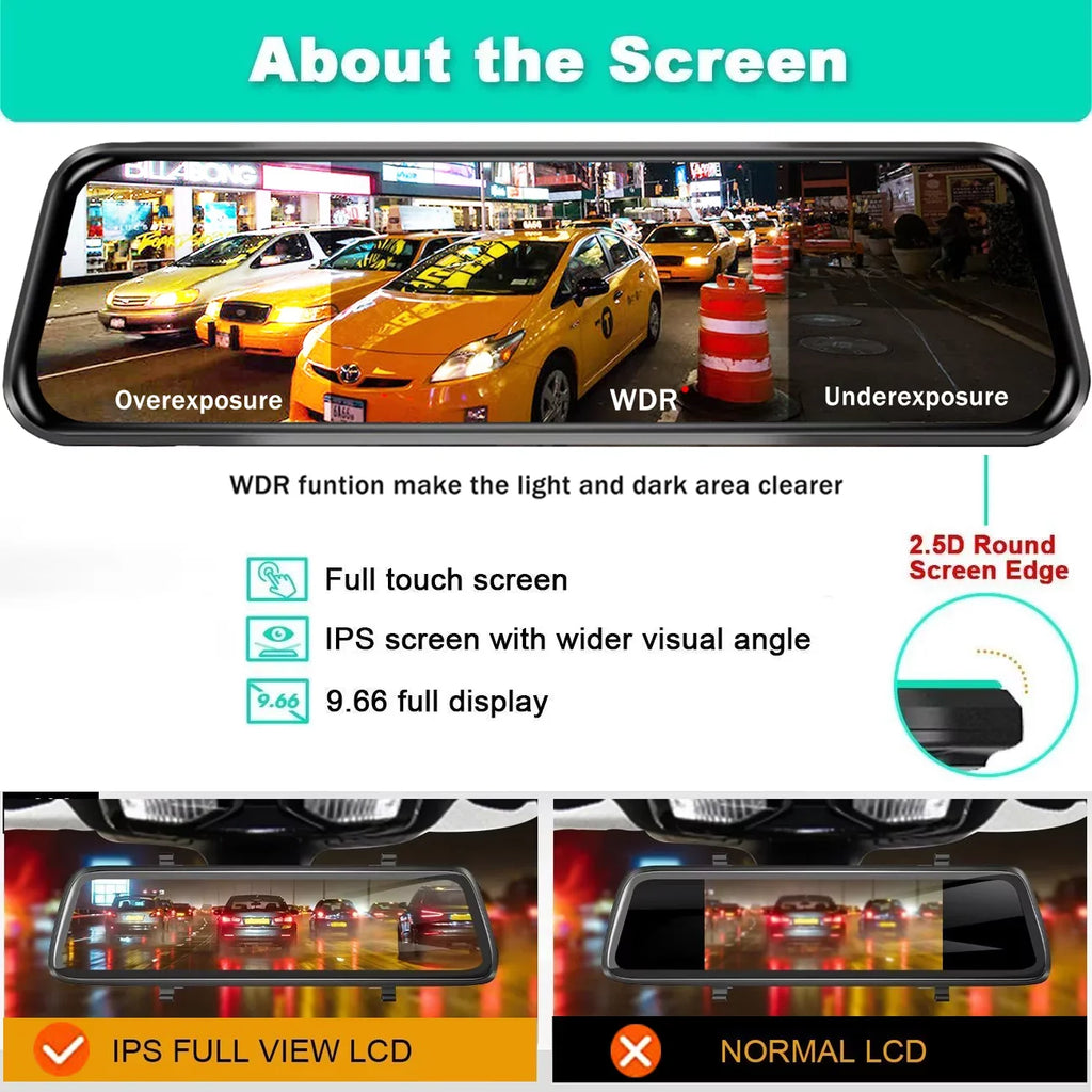 Erago Rear View Mirror Camera, Dash Cam Front and Rear Full Touch Screen  FHD 1080p for Car , Waterproof Backup WDR Camera, Night Vision, G-Sensor, Parking Moniter