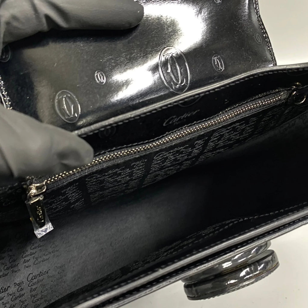 Pre-Owned CARTIER Happy Birthday Turnlock Patent Leather Handbag Black 19374 (Good)