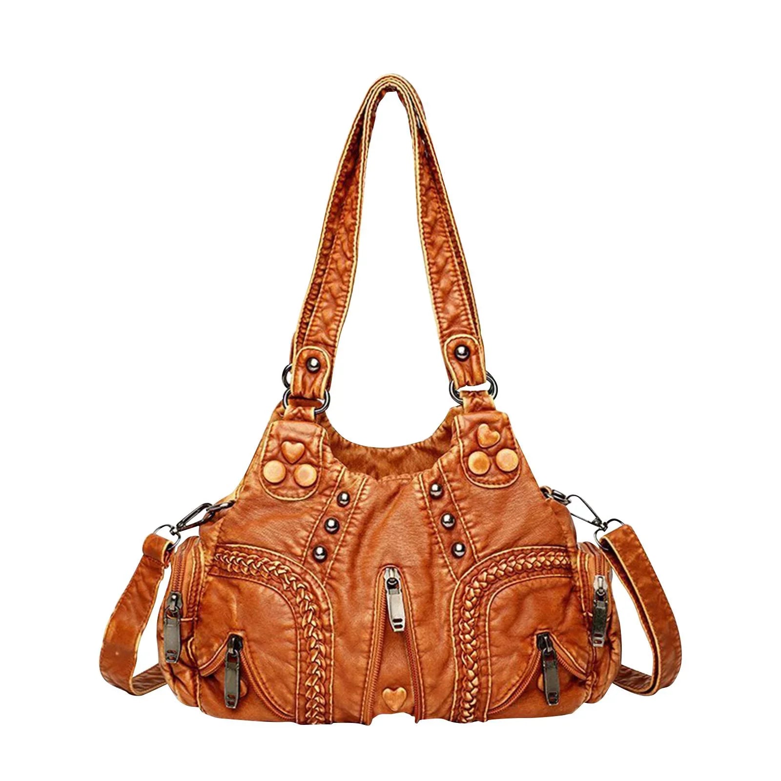 Vintage Shoulder Bag Large Capacity Adjustable Strap Presents PU Leather Clutch Purses Tote Bags for Traveling Cosmetic Daily Use Ladies Brown