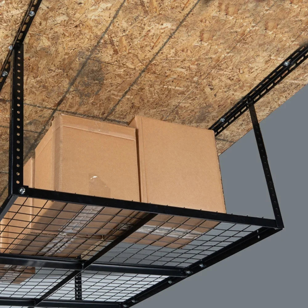 Titan Attachments 4' x 8' Overhead Garage Storage Rack, 20" to 41" Adjustable Height, Ceiling Mount Organization System, Metal Wire Grid with 500 LB Loading Capacity, Storage for Bikes Equipment Bins