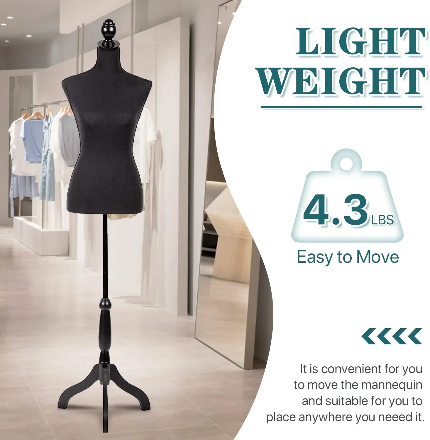 NiamVelo Female Mannequin Torso Dress Form 60-67 Inch Height Adjustable Body Model with Tripod Wooden Base, Black