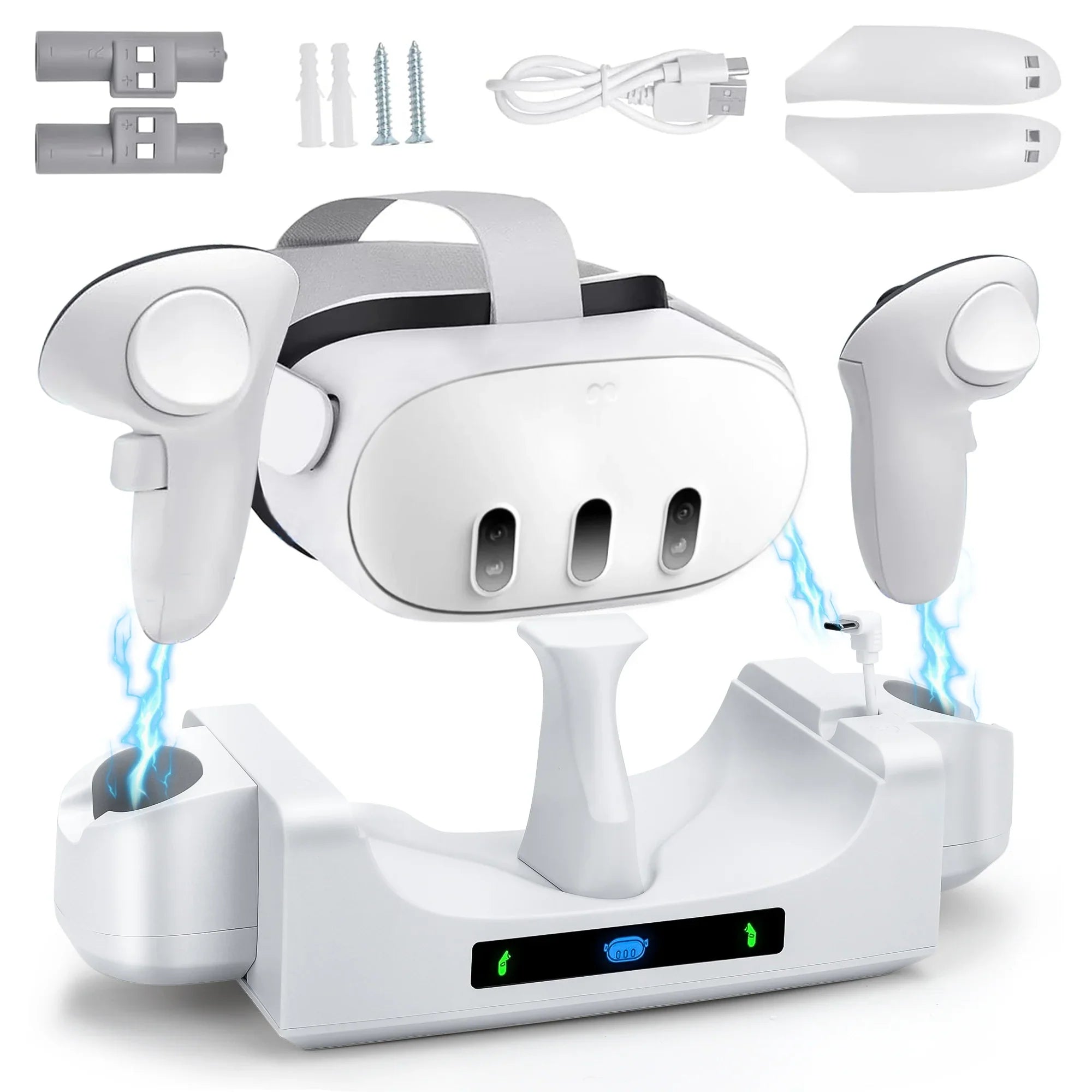 EEEkit Charging Station Fit for Oculus/Meta Quest 3 Headset and Controller, Dual-use Charging Stand with 2 Rechargeable Batteries, Battery Cover, Wall Mount Charging Dock