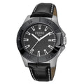 Mens Swiss Made Quartz Black Calfskin Leather Strap Watch with Black Dial