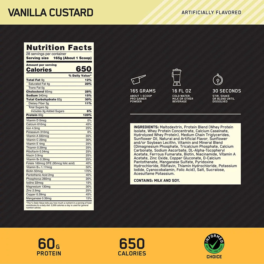Optimum Nutrition, Gold Standard Pro Gainer, Vanilla Custard, 10.19 lb, 28 Servings