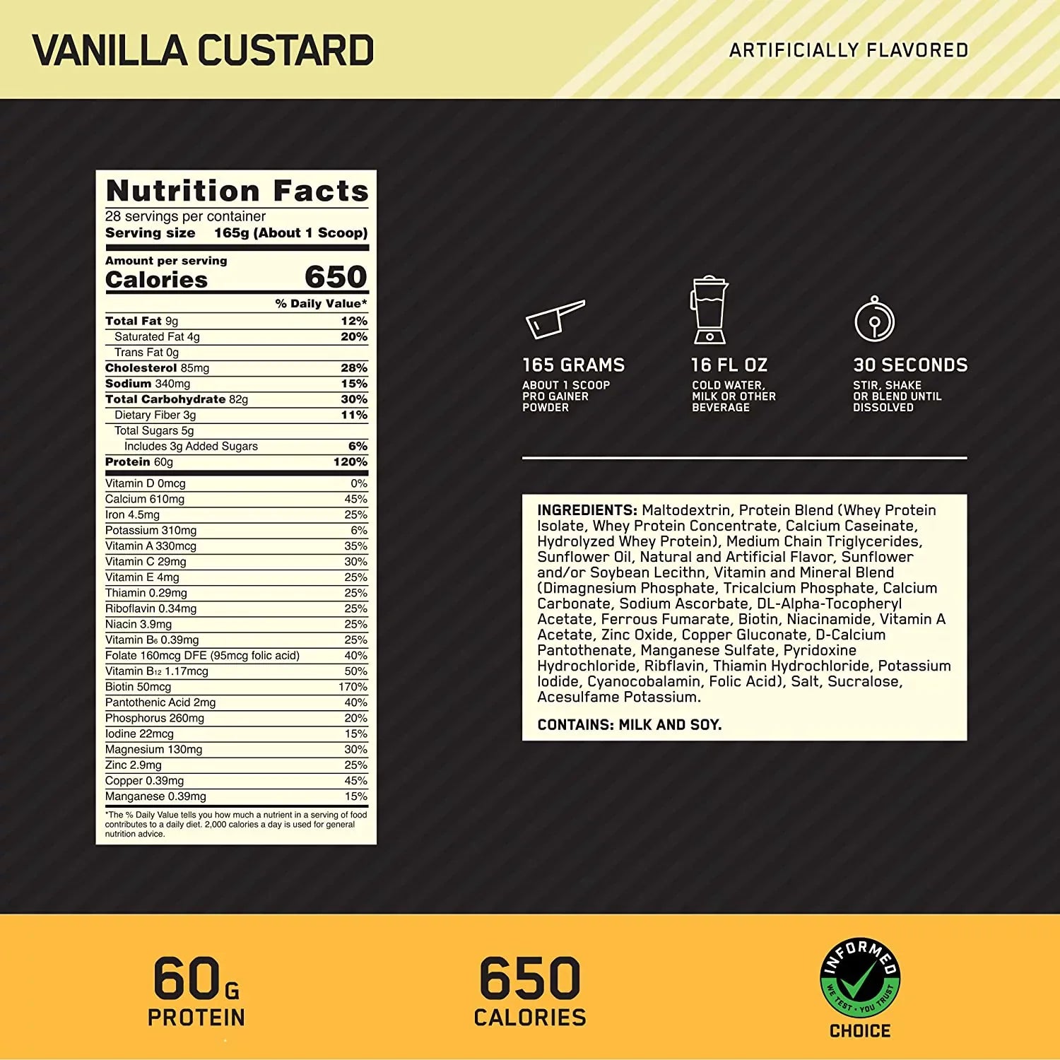 Optimum Nutrition, Gold Standard Pro Gainer, Vanilla Custard, 10.19 lb, 28 Servings