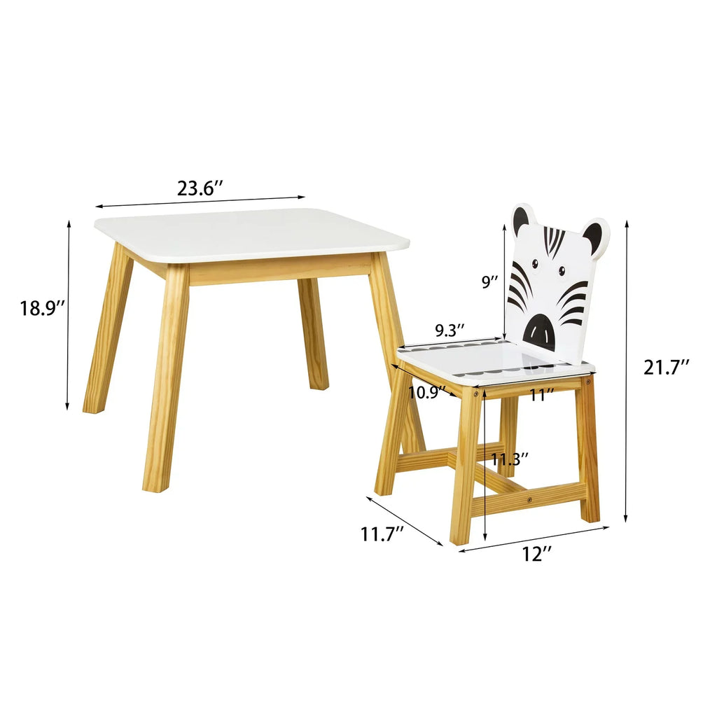 5 Piece Kids Table and Chair Set Toddler Table Cartoon Animals Kids  Wood Table with 4 Chairs Set for Learning Playing Crafts Drawing White