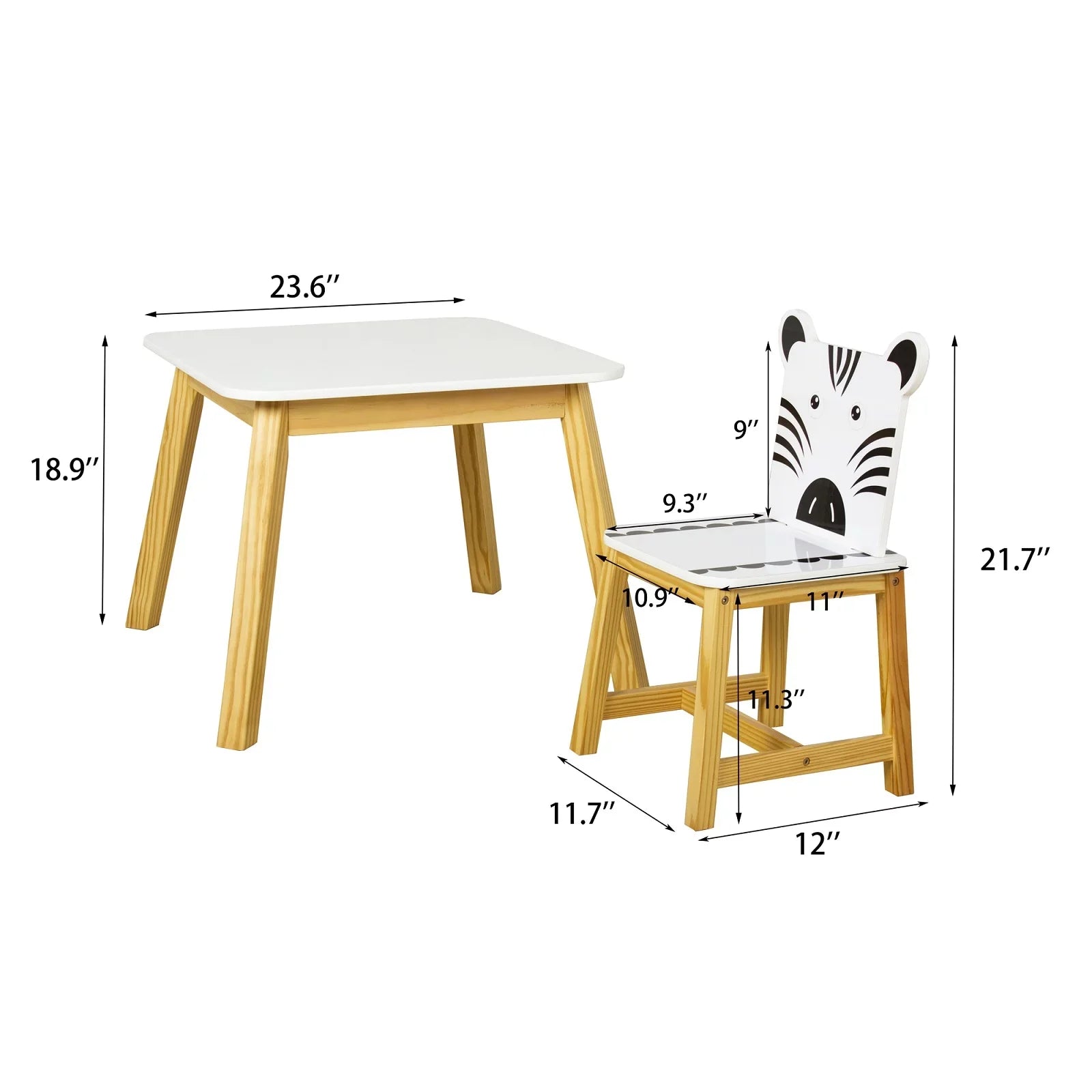5 Piece Kids Table and Chair Set Toddler Table Cartoon Animals Kids  Wood Table with 4 Chairs Set for Learning Playing Crafts Drawing White