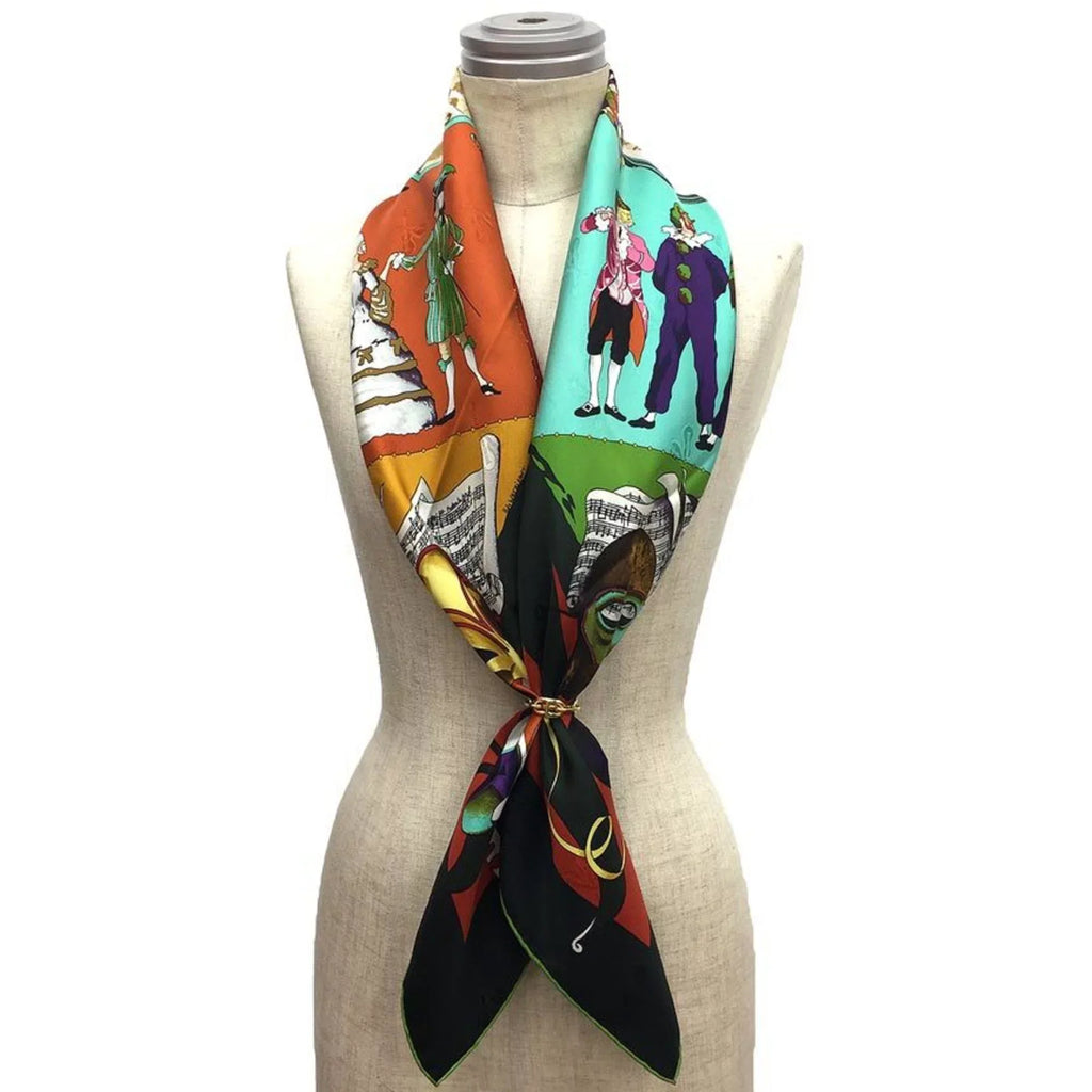 Pre-Owned HERMES Carre 90 Scarf Muffler LE CARNAVAL DE VENISE Venice Carnival Moss Green x Orange Hermes Silk aq7392 (Like New)