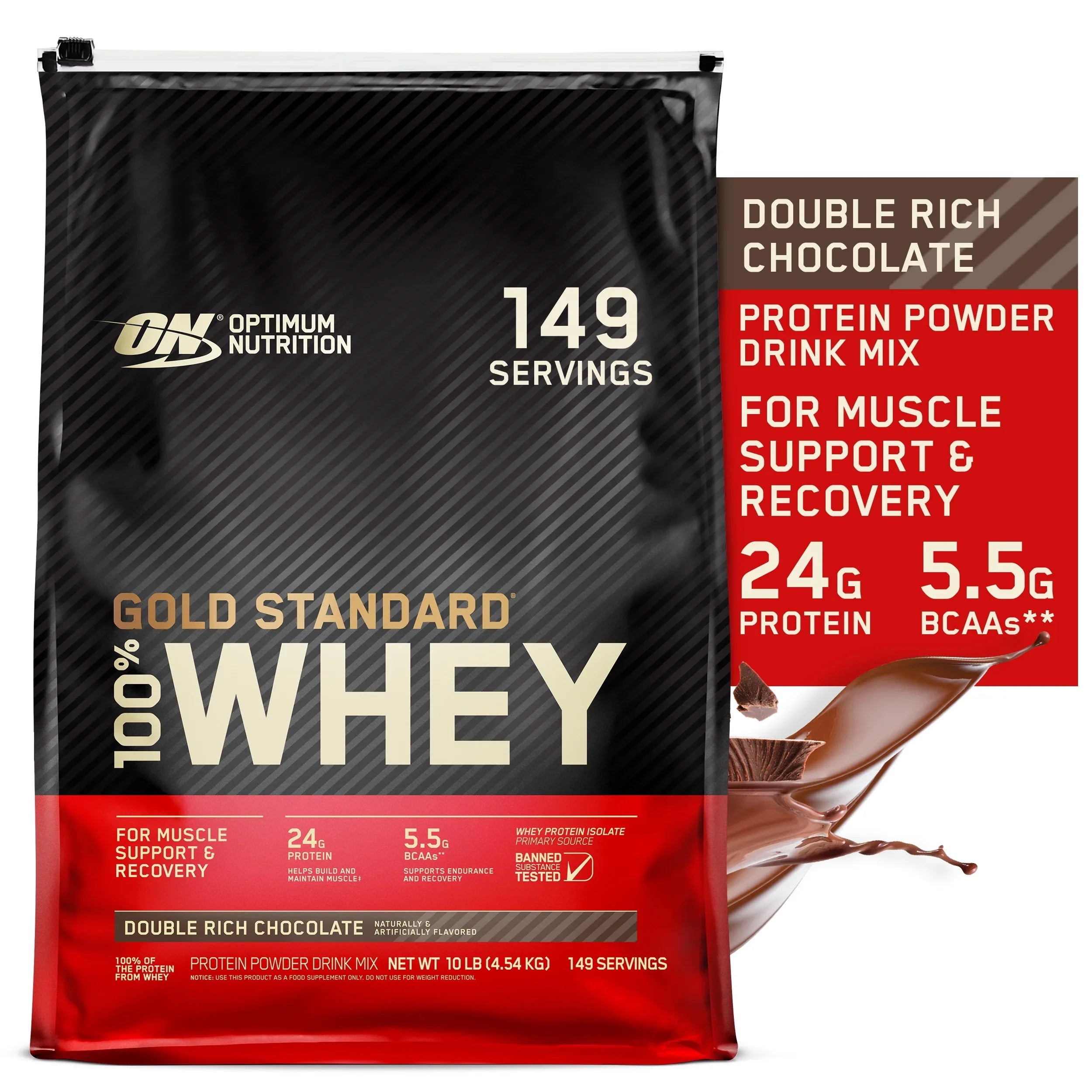 Optimum Nutrition, Gold Standard 100% Whey Protein Powder, Double Rich ChocoLatitudee, 10 lb, 149 Servings