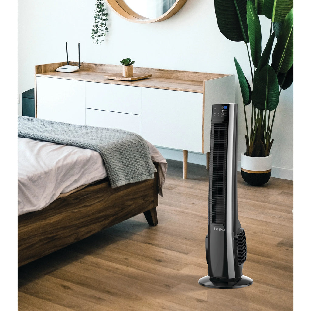 Lasko 38" 4-Speed Hybrid Tower Fan with Timer, Remote Control, Black/Silver, T38415, New