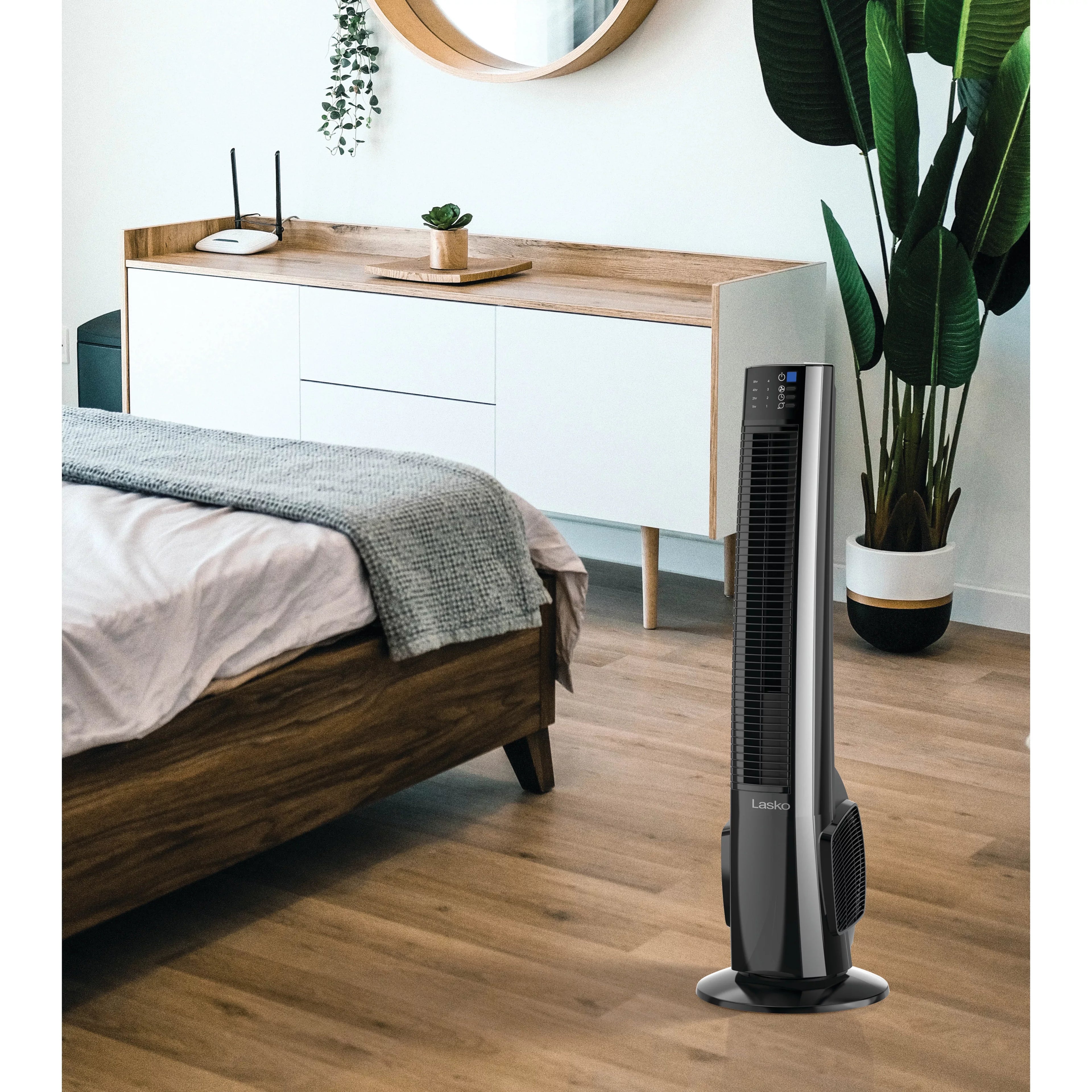 Lasko 38" 4-Speed Hybrid Tower Fan with Timer, Remote Control, Black/Silver, T38415, New