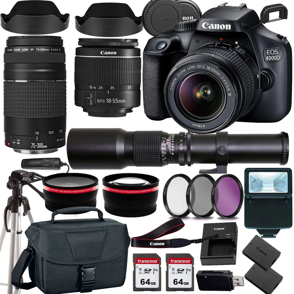 Canon EOS 4000D/Rebel T100 DSLR Camera w/Canon EF-S 18-55mm F/3.5-5.6 Zoom Lens+Canon EF 75-300mm III Lens+500mm f/8.0 Telephoto Lens+case+128Memory Cards (24PC)
