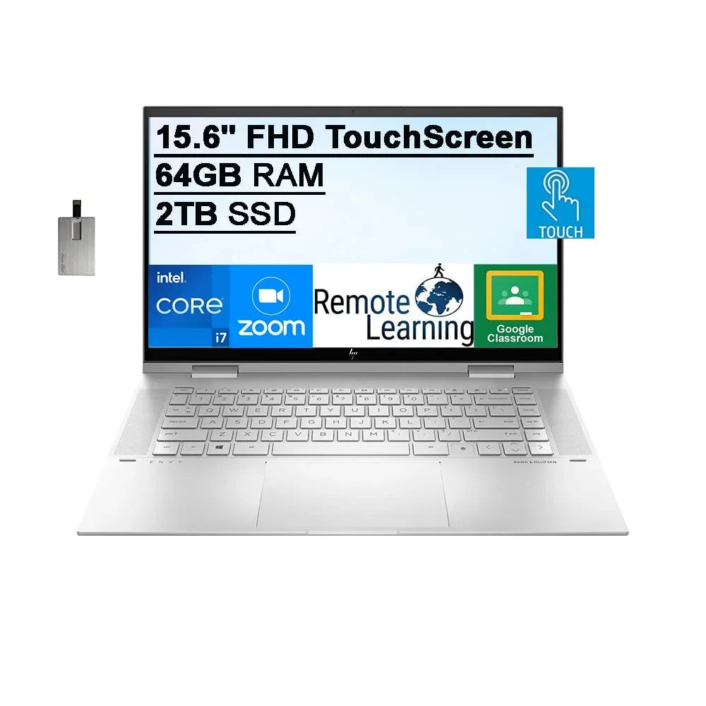 HP 2021 Envy 2-in-1 15.6" FHD Touchdisplay Laptop Computer, 11th Gen Intel Core i7-1195G7, 64GB RAM, 2TB PCIe SSD, Backlit Keyboard, Intel Iris Xe Graphics, HD Webcam, Win 11, Silver, 32GB USB Card