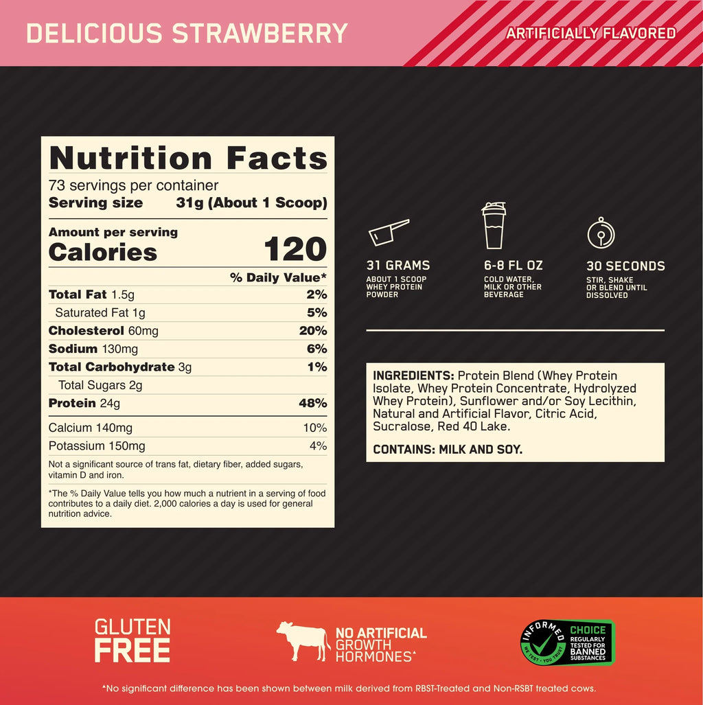 Optimum Nutrition, Gold Standard 100% Whey Protein Powder, Delicious Strawberry, 5 lb, 73 Servings