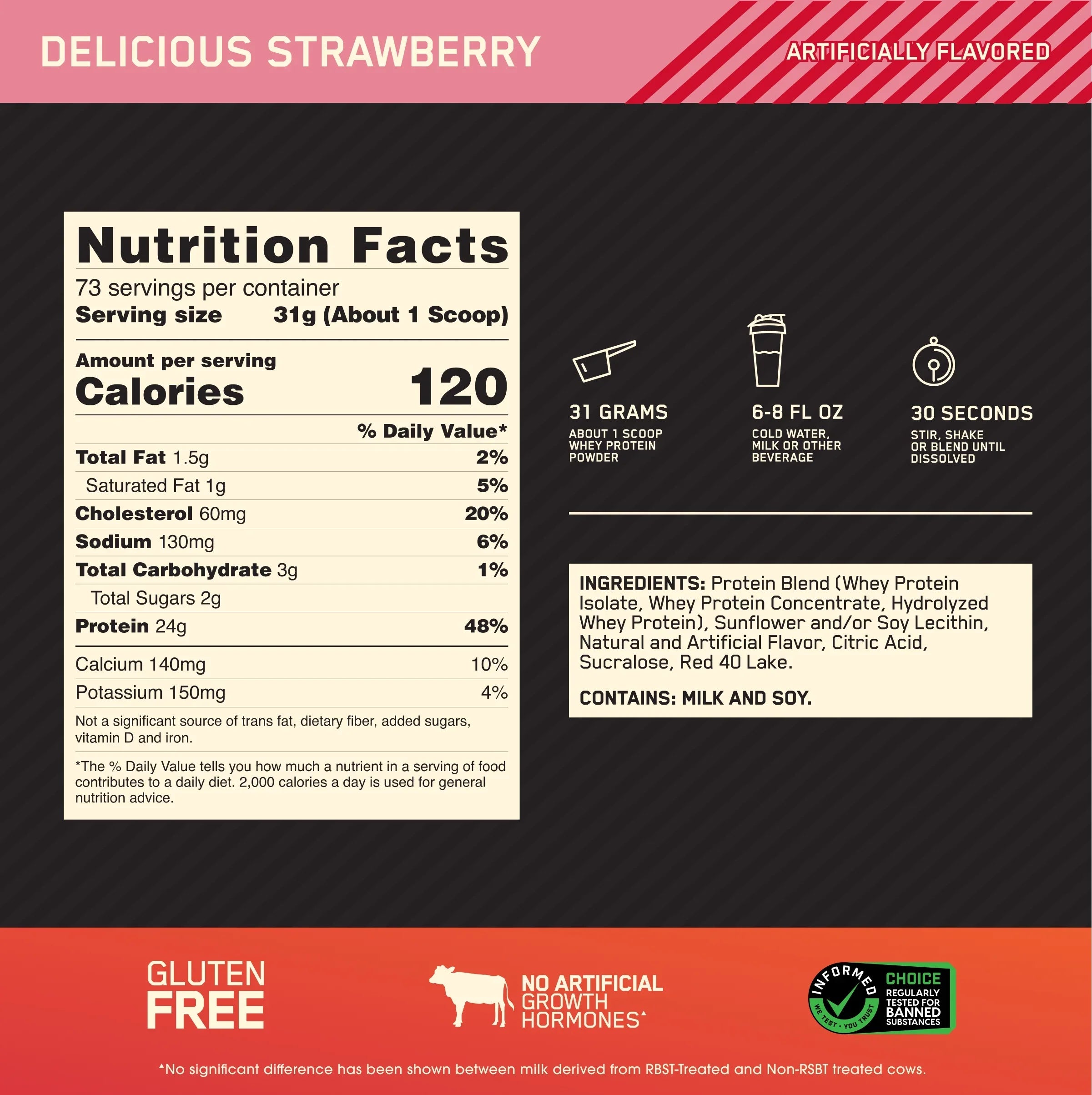 Optimum Nutrition, Gold Standard 100% Whey Protein Powder, Delicious Strawberry, 5 lb, 73 Servings