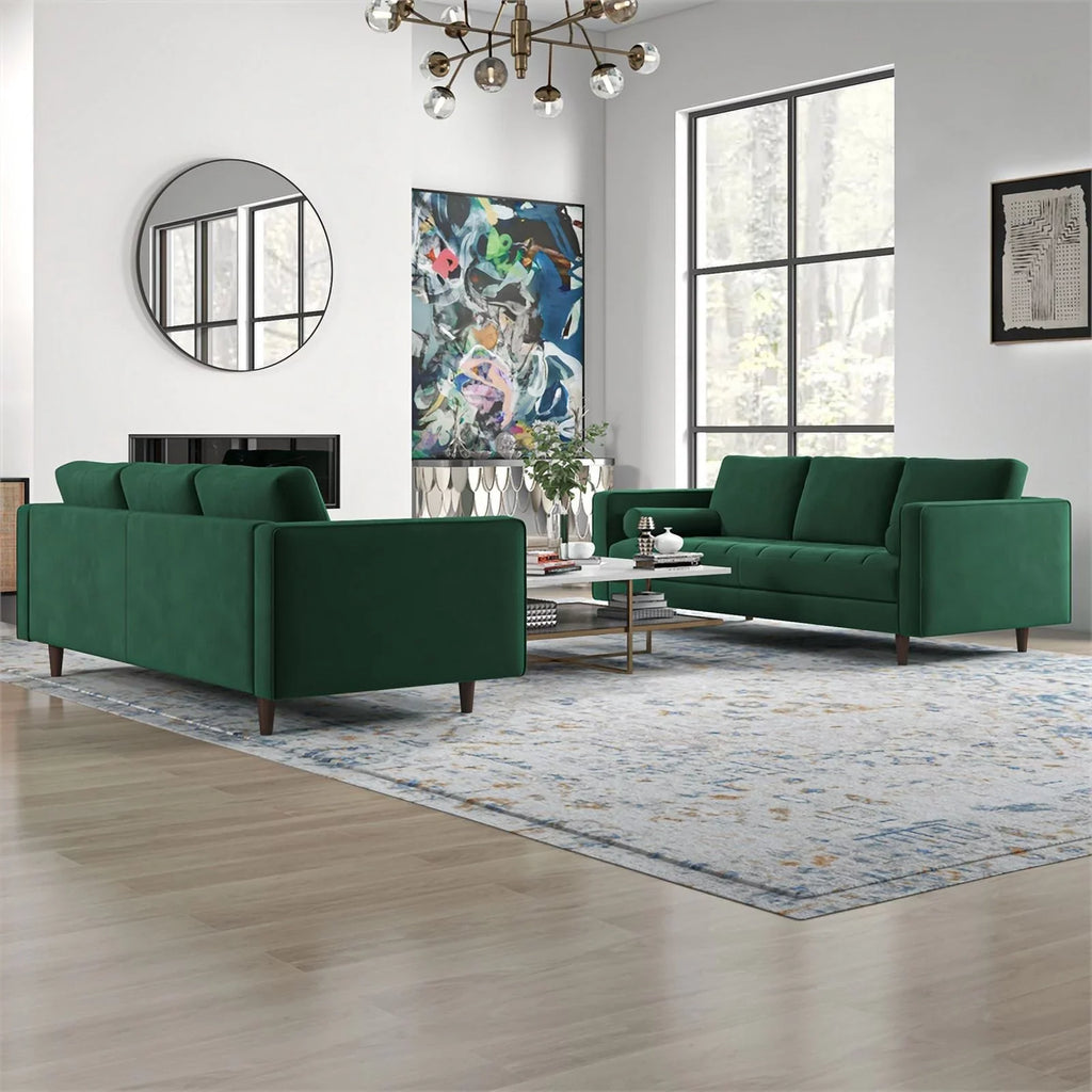 Tahir Mid-Century Pillow Back Velvet Sofa Set in Green