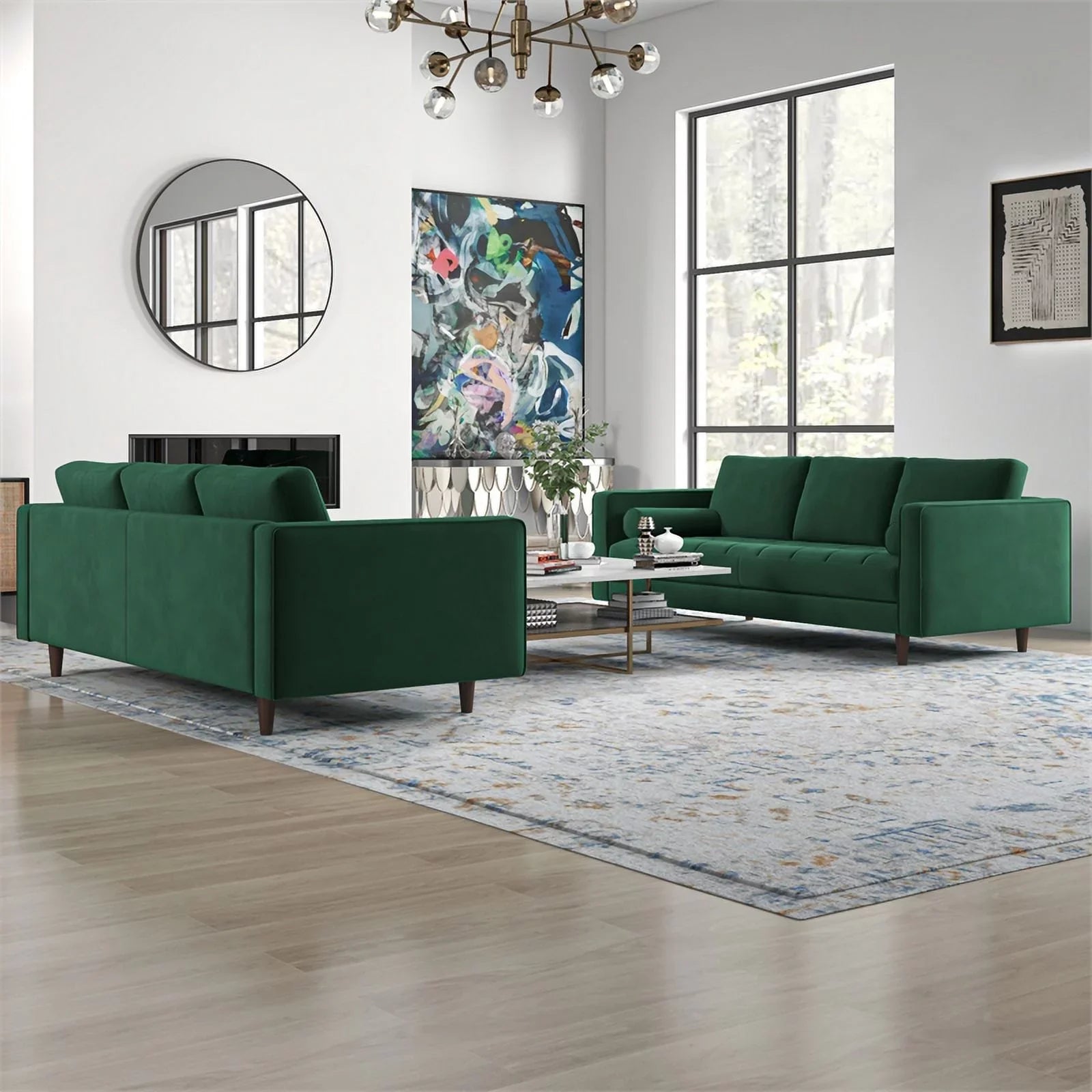 Tahir Mid-Century Pillow Back Velvet Sofa Set in Green