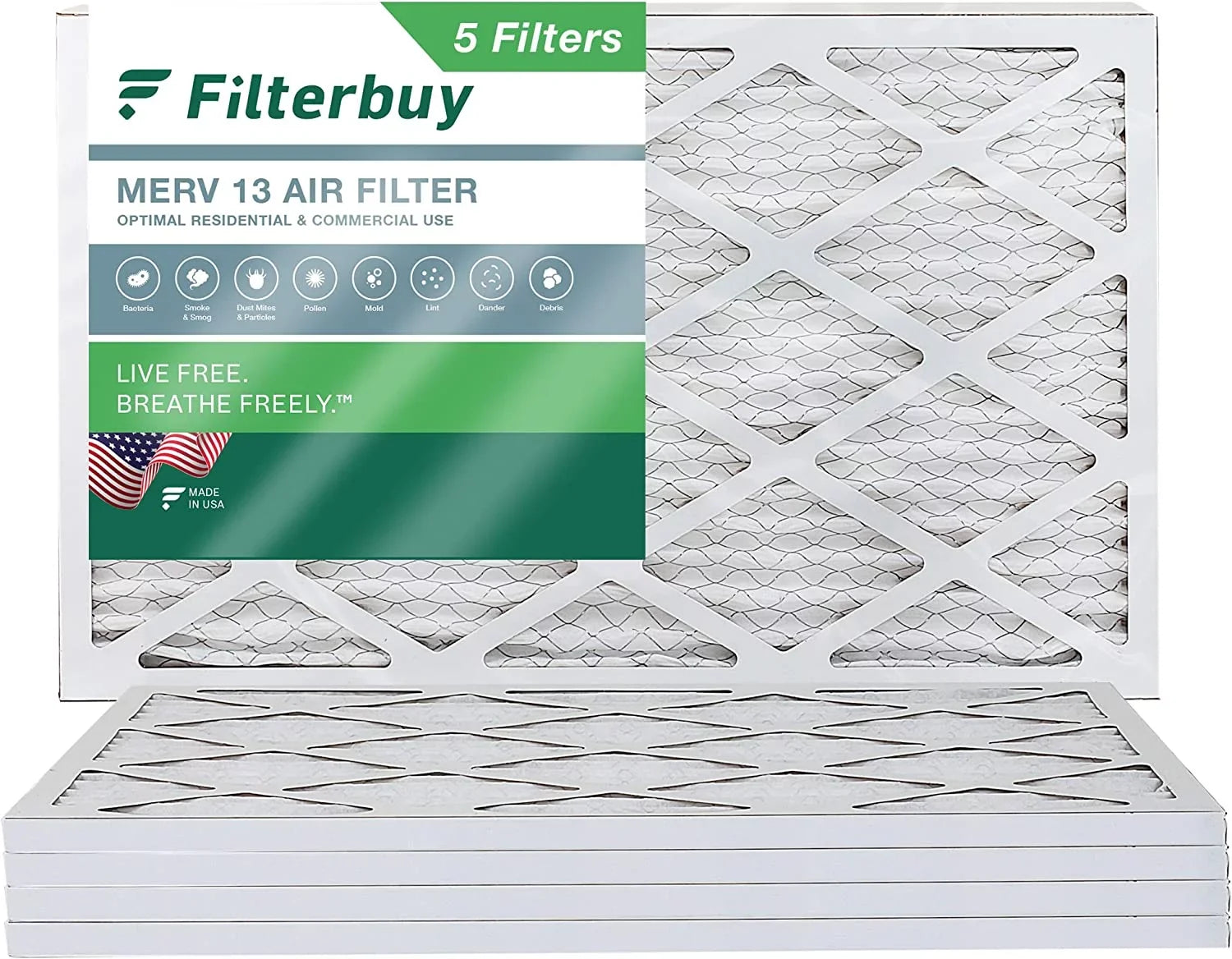 Filterbuy 14x24x1 MERV 13 Pleated HVAC AC Furnace Air Filters (5-Pack)