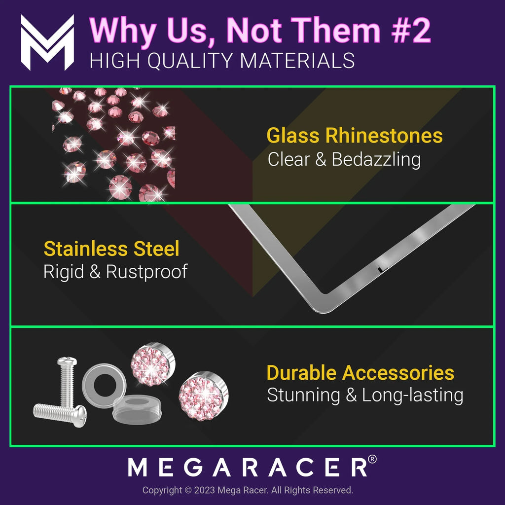 Mega Racer Nissan Rogue Bling License PLatitudee Frames Diamond Pink Rhinestones, 2 Holes with Mounting Screws, Nissan Rogue 2008 - 2023 08 - 23 Sparkly Car License PLatitudee Frame