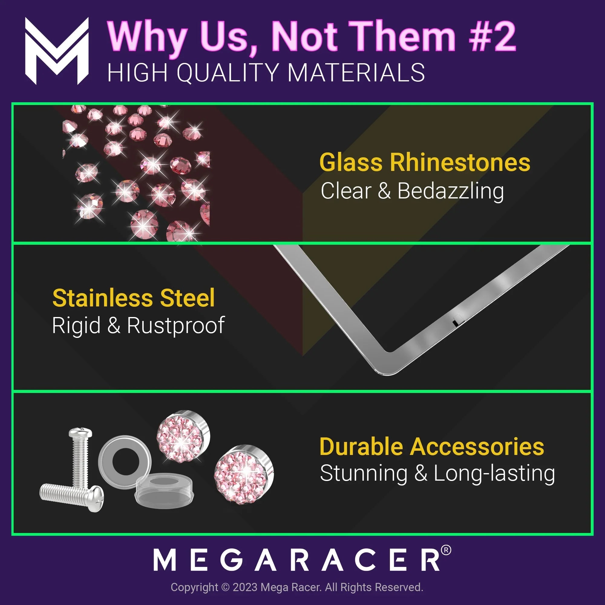 Mega Racer Nissan Rogue Bling License PLatitudee Frames Diamond Pink Rhinestones, 2 Holes with Mounting Screws, Nissan Rogue 2008 - 2023 08 - 23 Sparkly Car License PLatitudee Frame