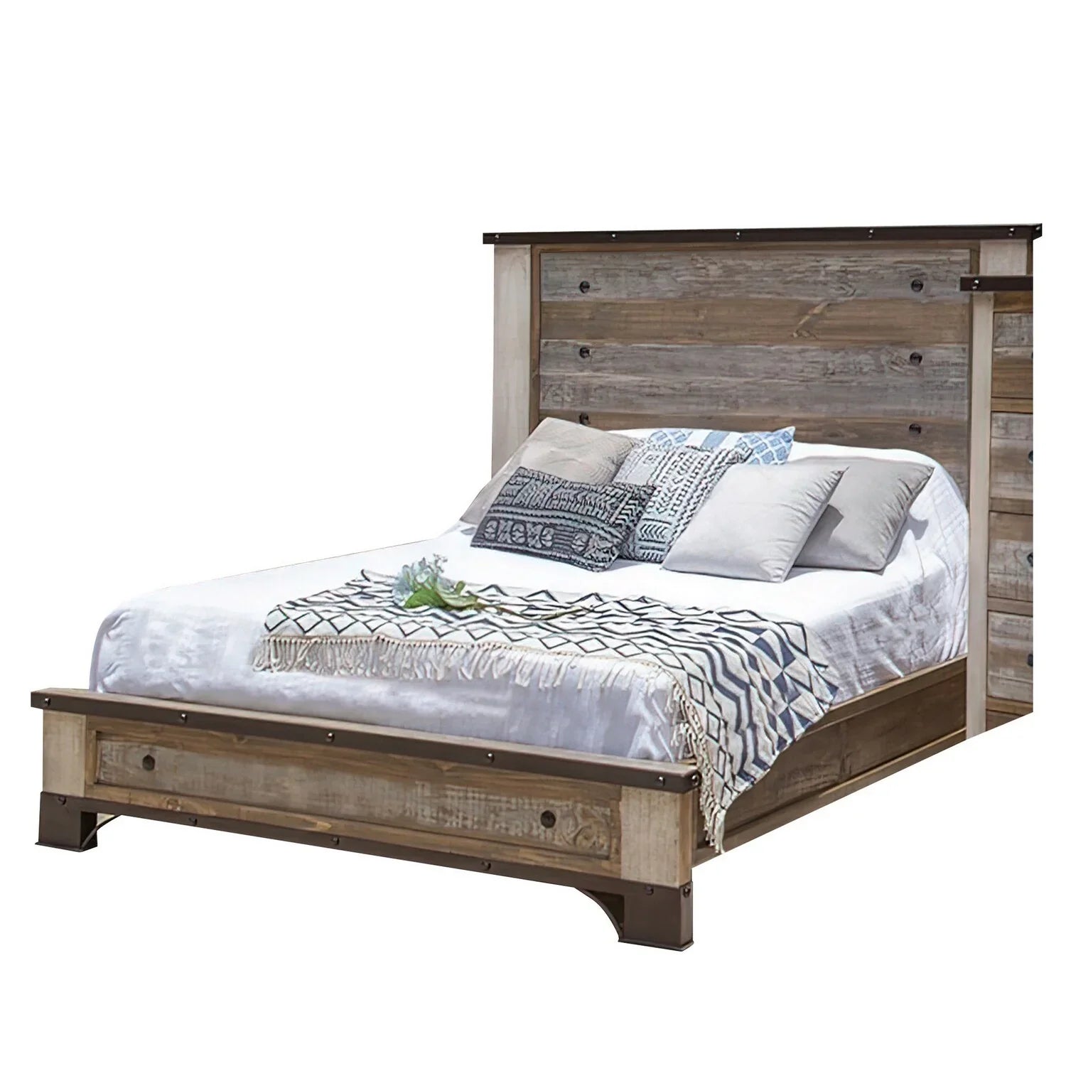 Benjara Fena King Size Bed, Round Black Nailheads, Distressed Wood Multicolor Brown