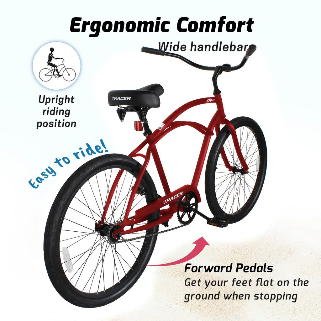 Tracer Ace 26 Inch Beach Cruiser Bikes Single Speed with Coaster Brake for Men - Red