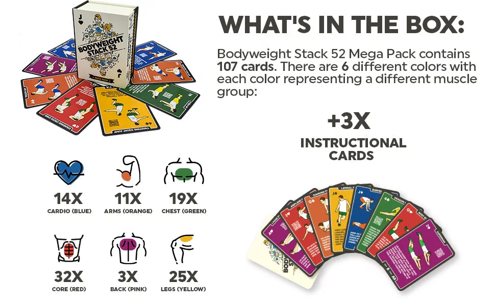 Stack 52 Bodyweight Exercise Cards: Workout Playing Card Game. Designed by a Military Fitness Expert. Video Instructions Included. No Equipment Needed. Burn Fat Build Muscle. (Bodyweight Mega Pack)