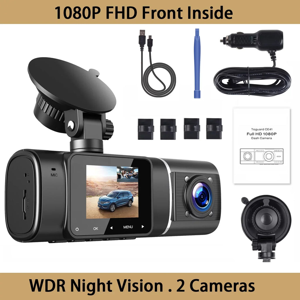 TOGUARD Black Dash Cam FHD 1080P Front and HD 720P Inside, IR Night Vision Car Camera