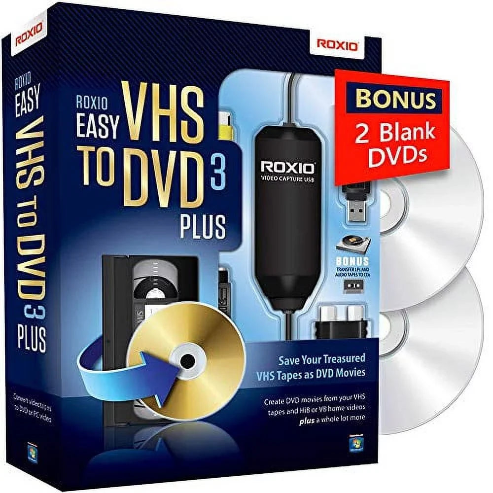 Roxio Easy VHS to DVD 3 Plus | VHS, Hi8, V8 Video to DVD or Digital Converter | 2 Bonus DVDs