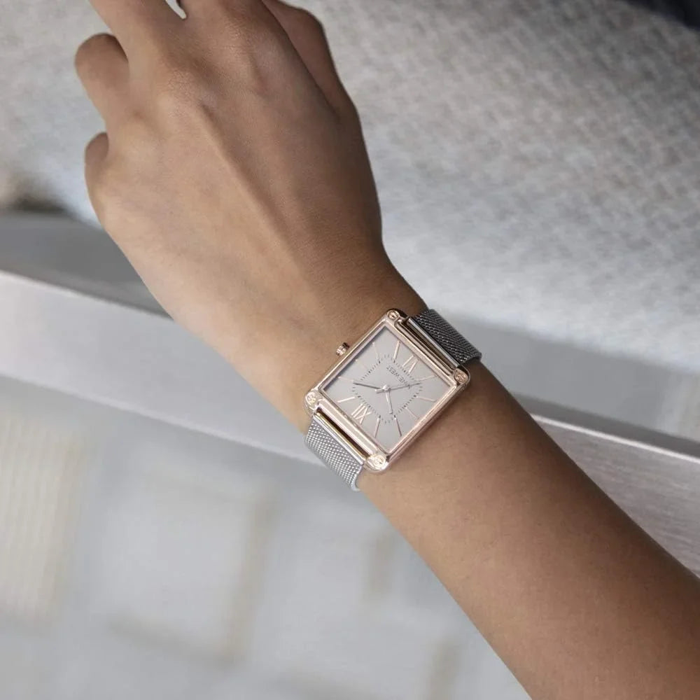 nine west women's rose gold-tone and silver-tone mesh bracelet watch