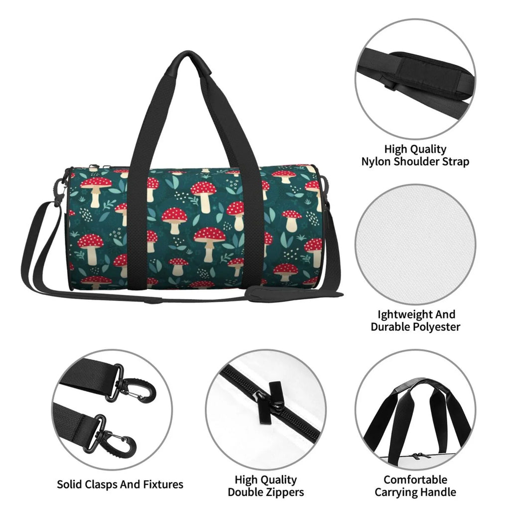 Coaee Amanita Mushroom Large Capacity Travel Luggage Bag Cylinder Gym Bag Waterproof Sports Bag with Pocket and Compartment