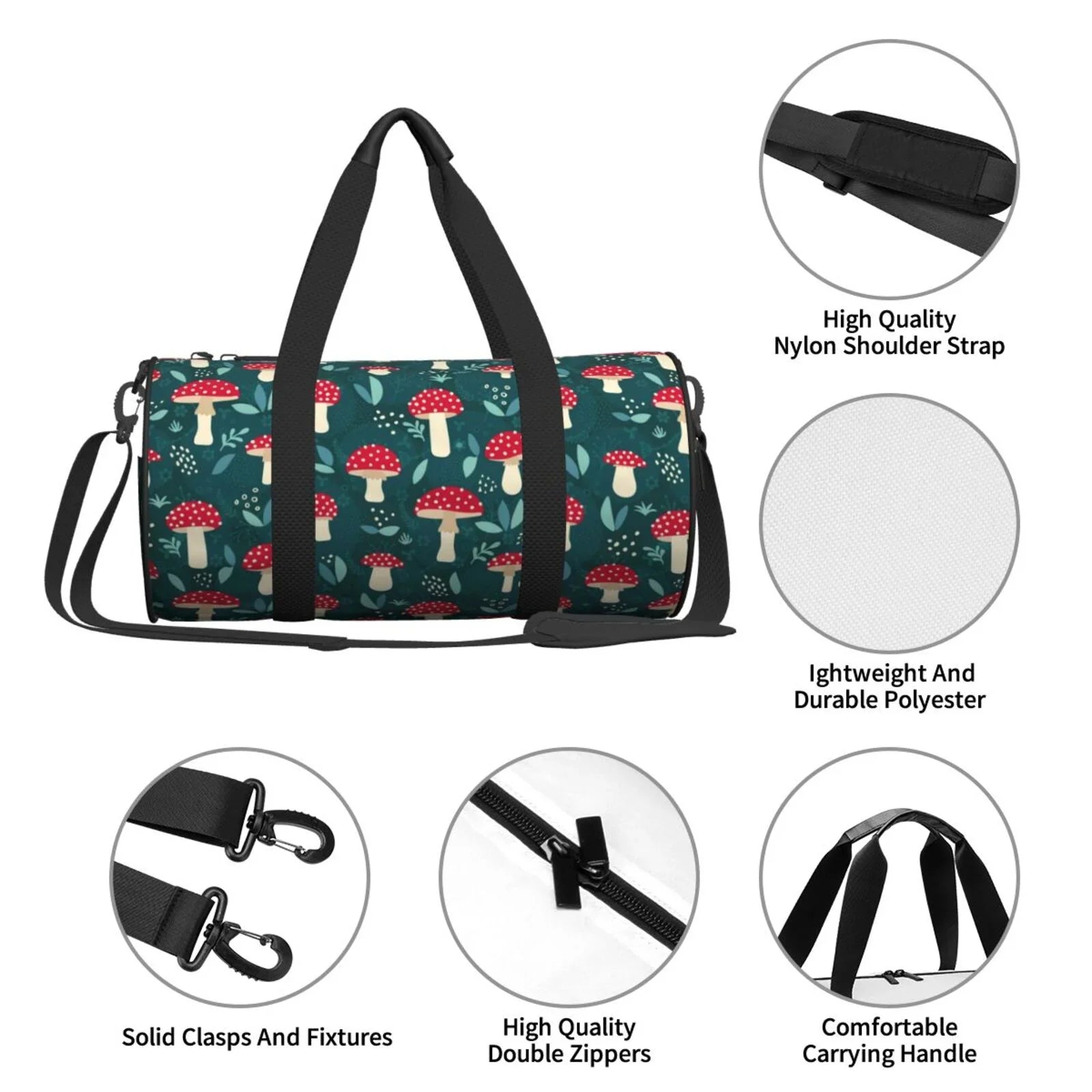 Coaee Amanita Mushroom Large Capacity Travel Luggage Bag Cylinder Gym Bag Waterproof Sports Bag with Pocket and Compartment