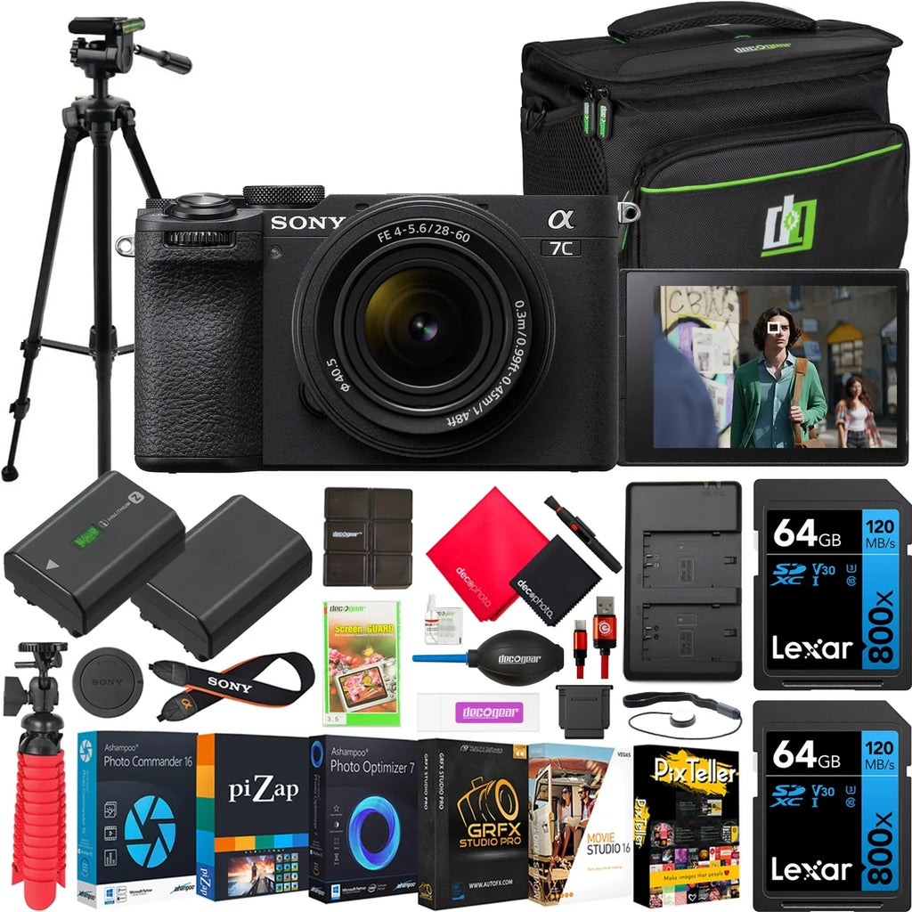 Sony a7C II Full Frame Mirrorless Camera Body with 28-60mm F4-5.6 Lens Black ILCE-7CM2L/B Bundle with Deco Gear Photography Bag Case + Extra Battery + Charger + Tripod + Software Kit & Accessories