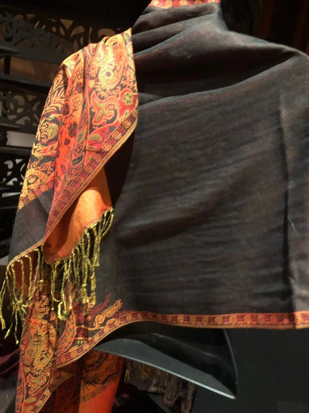 Black Red Vintage Paisley Brocade Pashmina Scarf Wrap