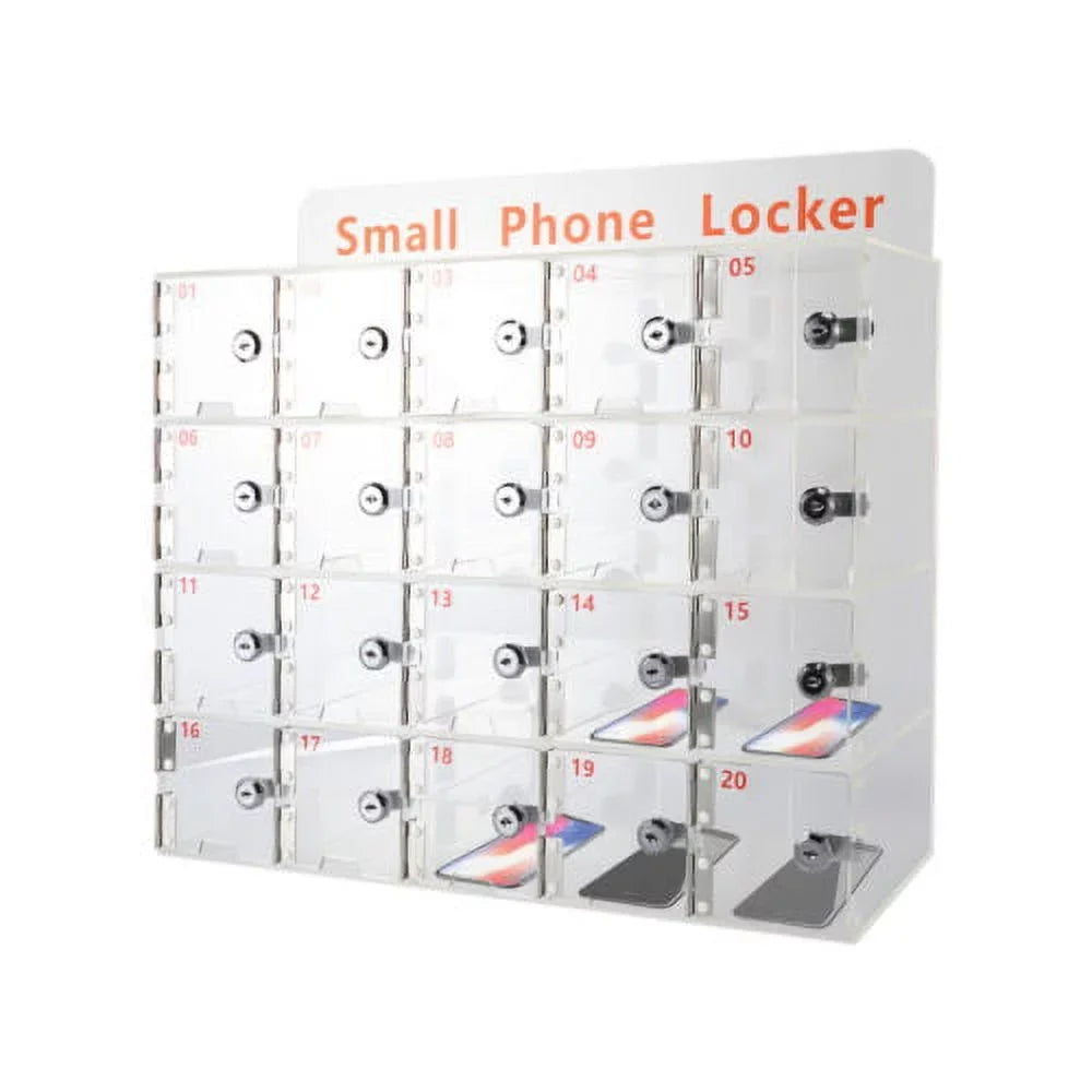 20 Slots Thickened Acrylic Cellphone Locker Clear Cell Phone Storage Box w/ Keys