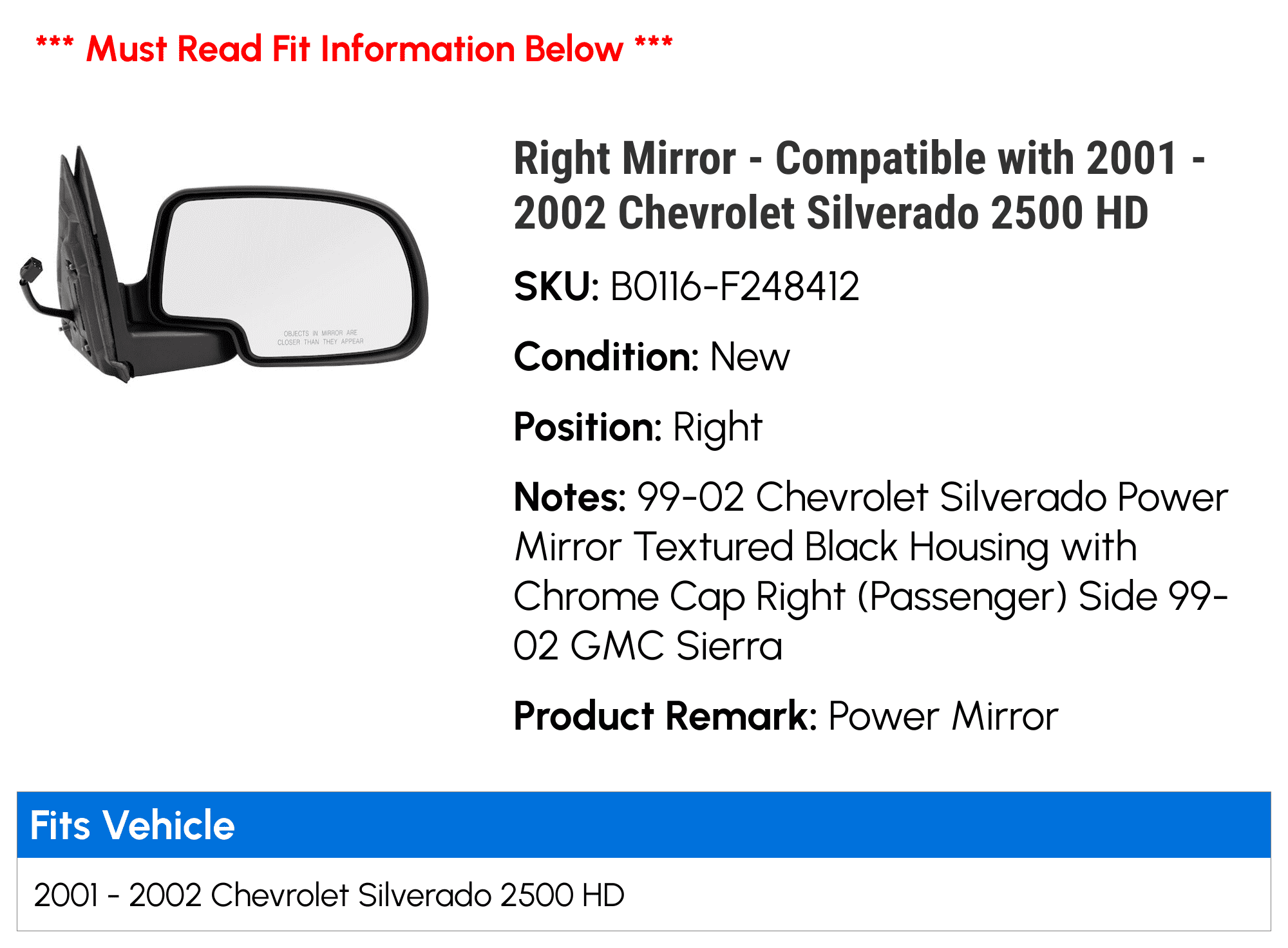 Right Mirror - Compatible with 2001 - 2002 Chevy Silverado 2500 HD