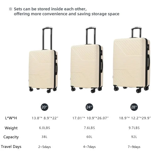 Zateety Hardshell Luggage Sets 3 Piece double spinner 8 wheels Suitcase with TSA Lock Lightweight 20''24''28''