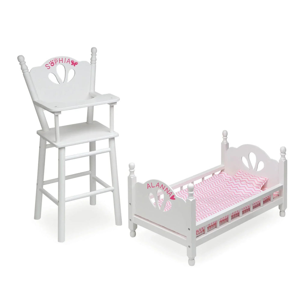 Badger Basket English Country High Chair and Bed with Bedding for 18 inch Dolls - White/Pink