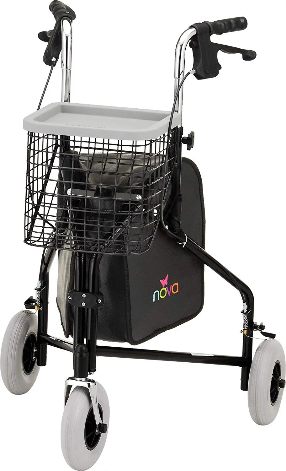 NOVA Traveler 3 Wheel RolLatitudeor Walker, All Terrain 8” Wheels, Includes Bag, Basket and Tray, Black