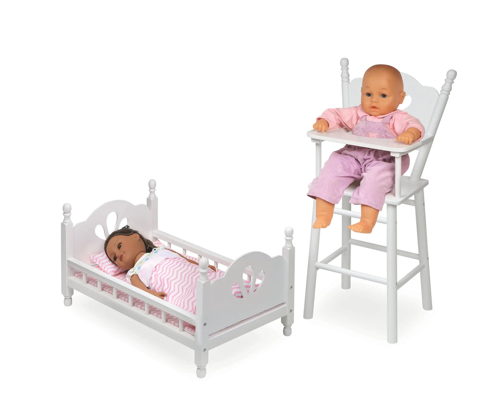Badger Basket English Country High Chair and Bed with Bedding for 18 inch Dolls - White/Pink