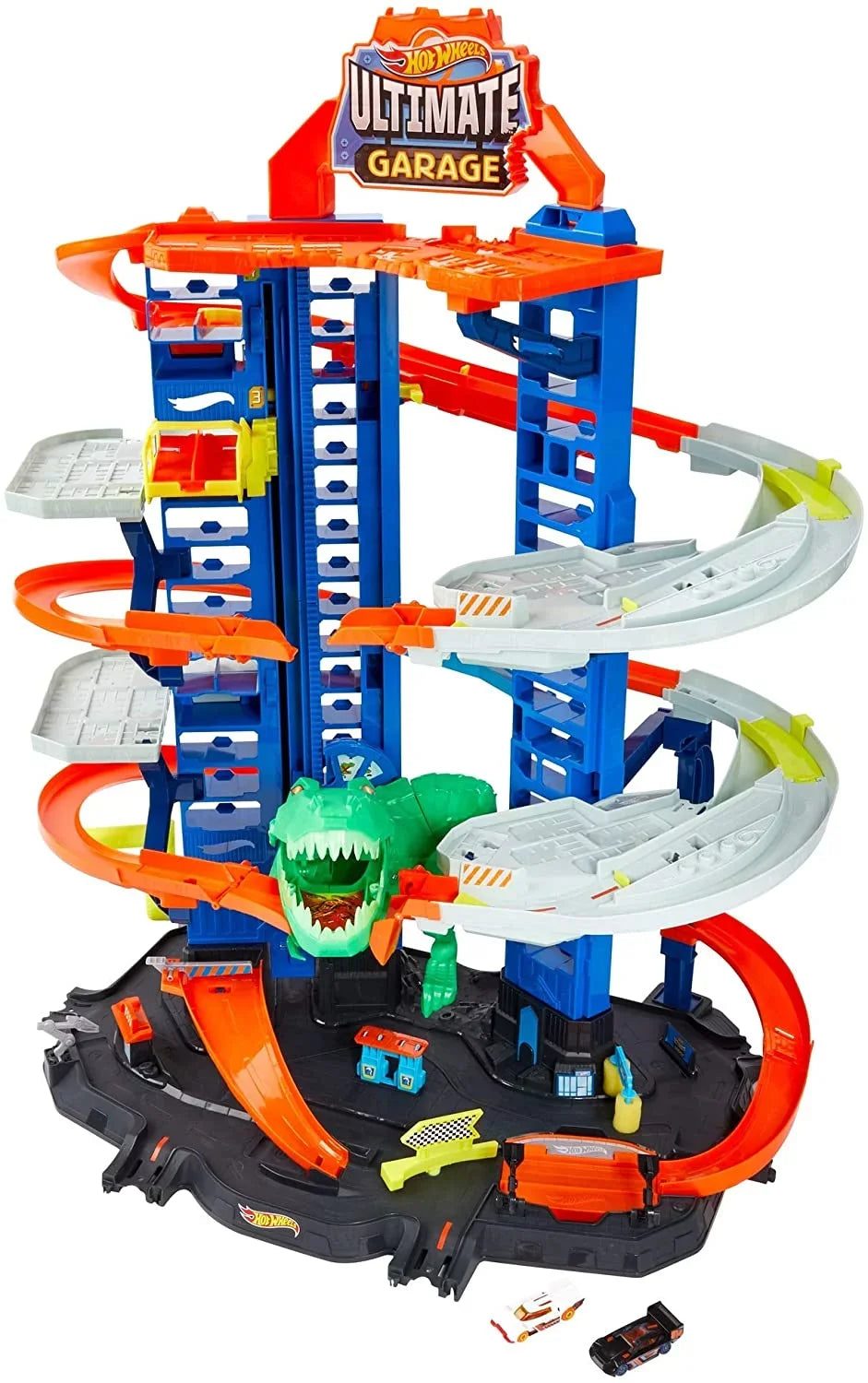 Hot Wheels City Ultimate Garage Track Set with 2 Toy Cars, Garage Playset Features Multi-Level Racetrack, Moving T-Rex Dino & Storage for 100+ 1:64 Scale Vehicles, Toy Gift for Kids 3 Years & Older
